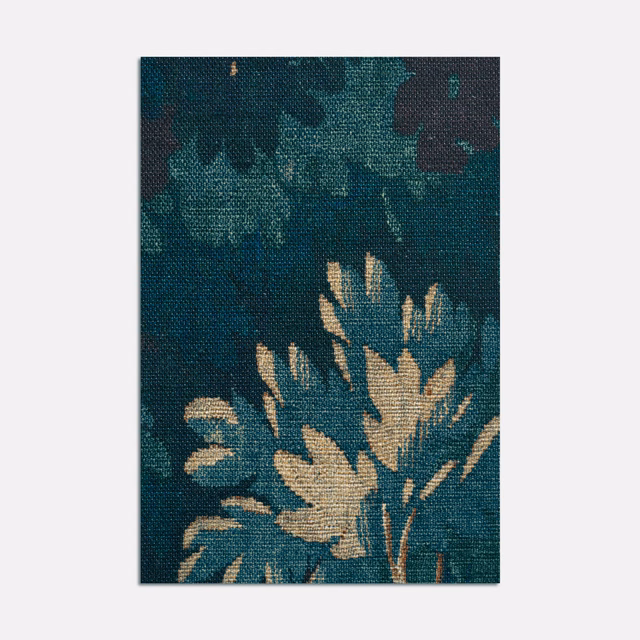 Deep blue-teal woven ground with pale branching botanical leaves and shadowy floral depth