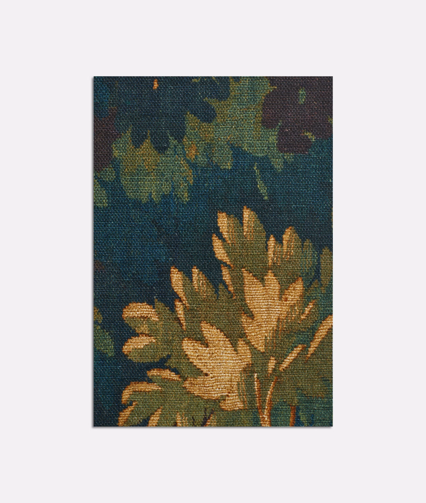 Deep teal woven fabric with olive foliage and ochre-gold botanical leaves