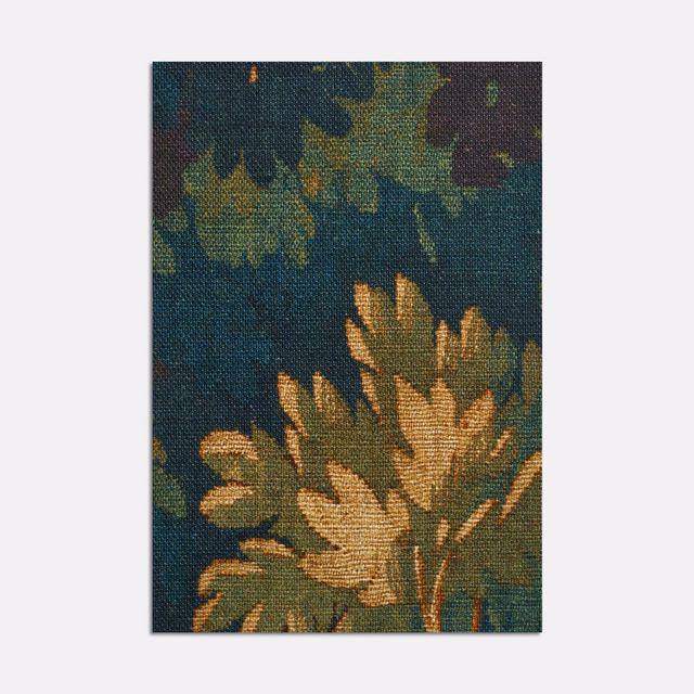 Deep teal woven fabric with olive foliage and ochre-gold botanical leaves