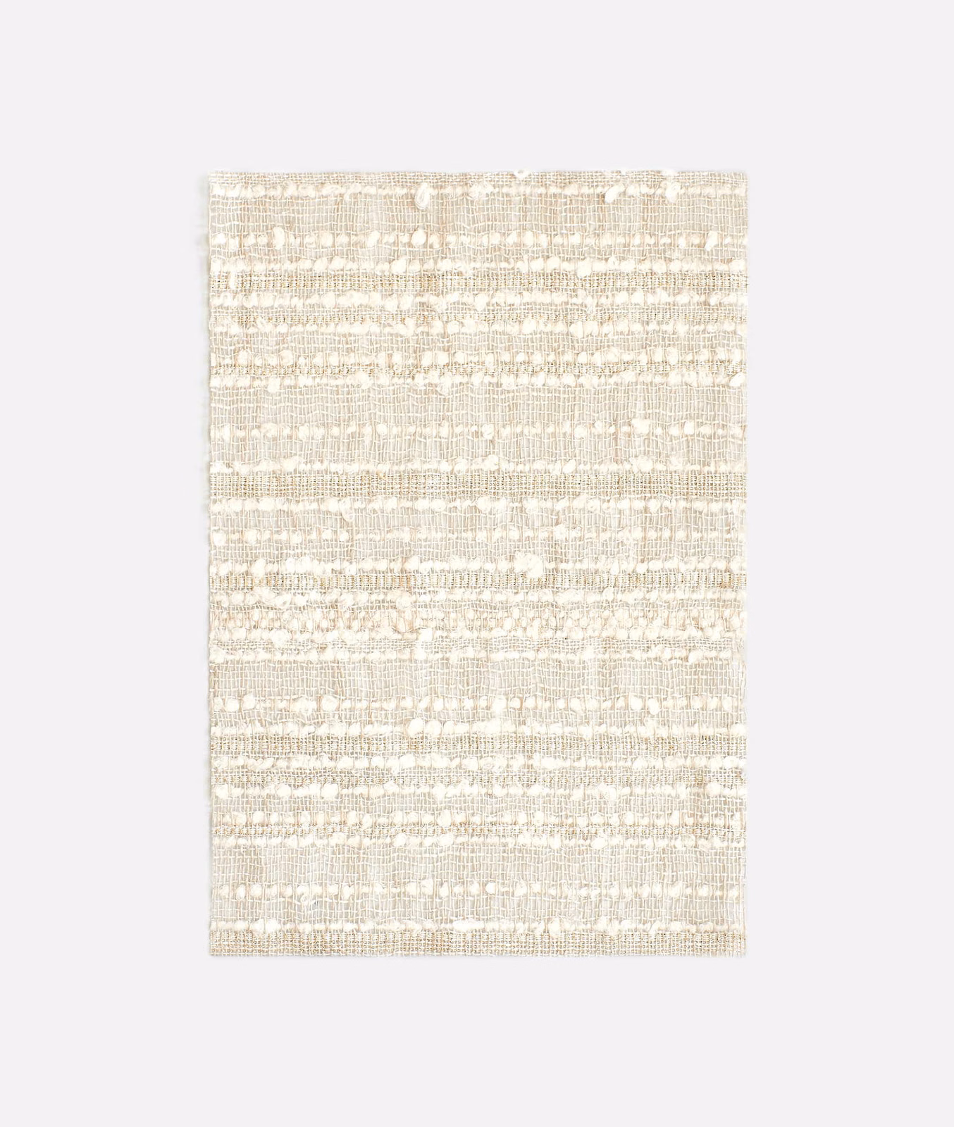 Warm ivory-beige woven swatch with irregular horizontal bands and subtle slubbed texture
