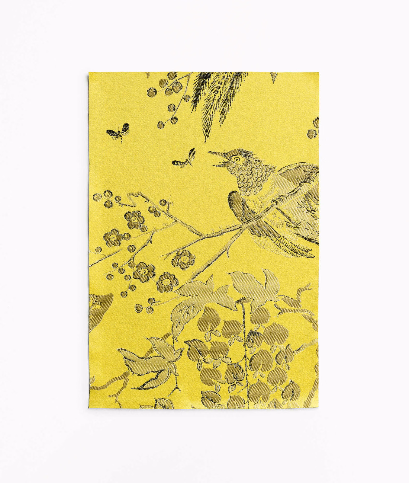 Acid lime jacquard with olive songbird, branches, butterflies and botanical motifs