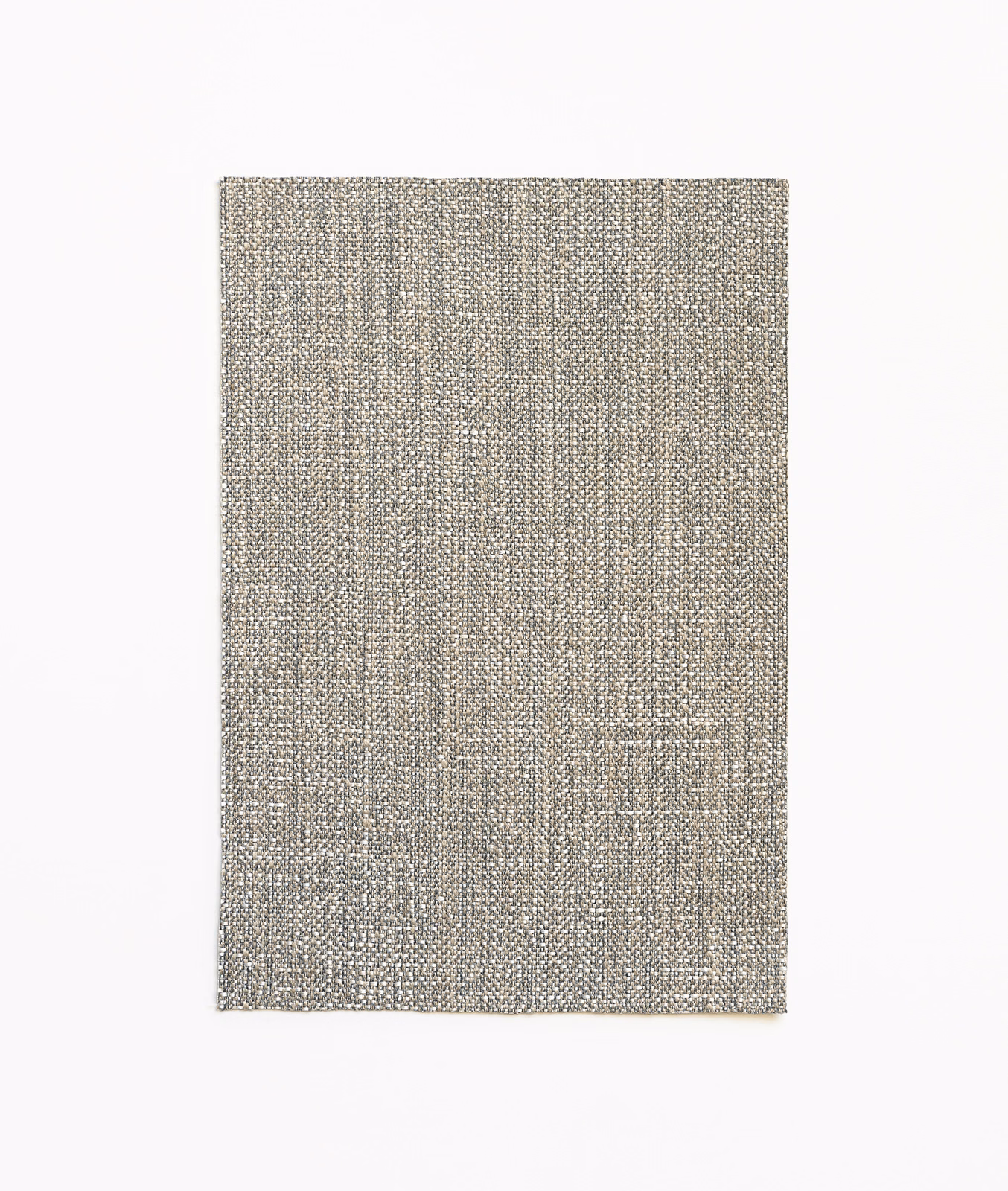 Cool greige woven textile with fine vertical striations and softly mottled silver depth