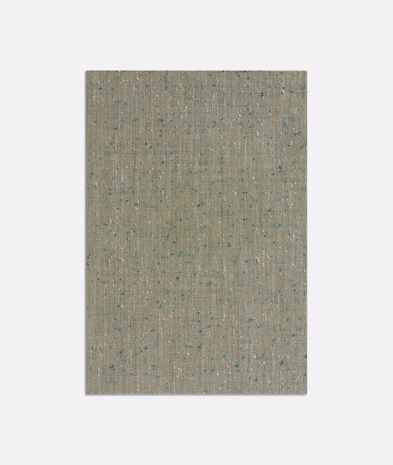 Warm greige woven ground with fine vertical ribs and scattered teal flecks