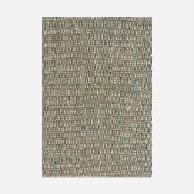Warm greige woven ground with fine vertical ribs and scattered teal flecks