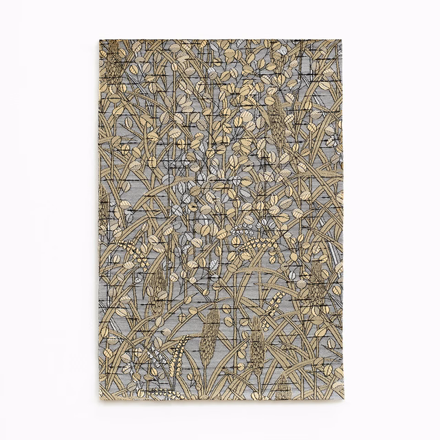 Cool blue-grey botanical textile with pale leaves and fine charcoal linework