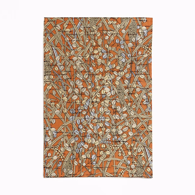 Muted terracotta curtain fabric with pale leaves and tangled fine botanical lines