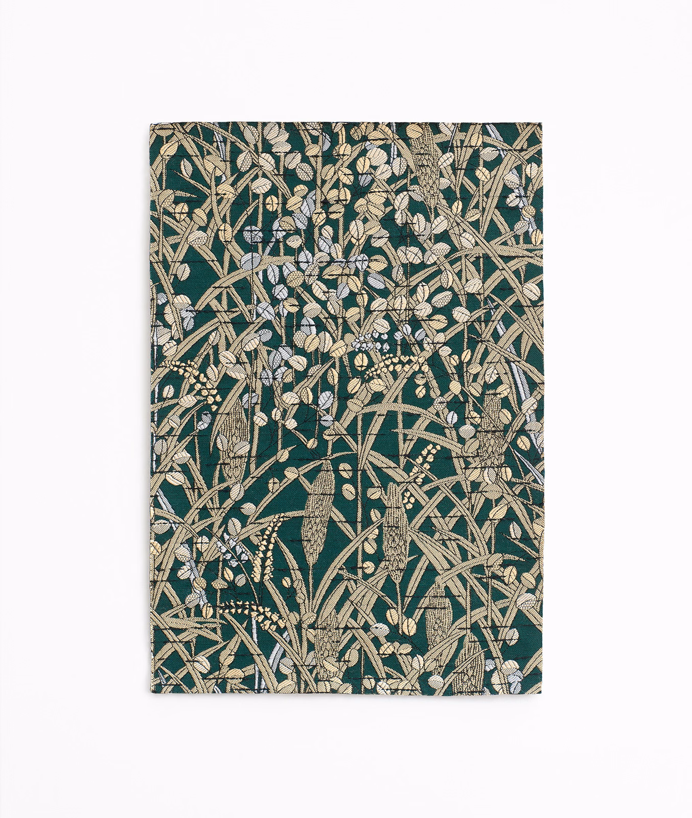 Deep teal textile with dense cream botanical stems, leaves and fine pale blossoms