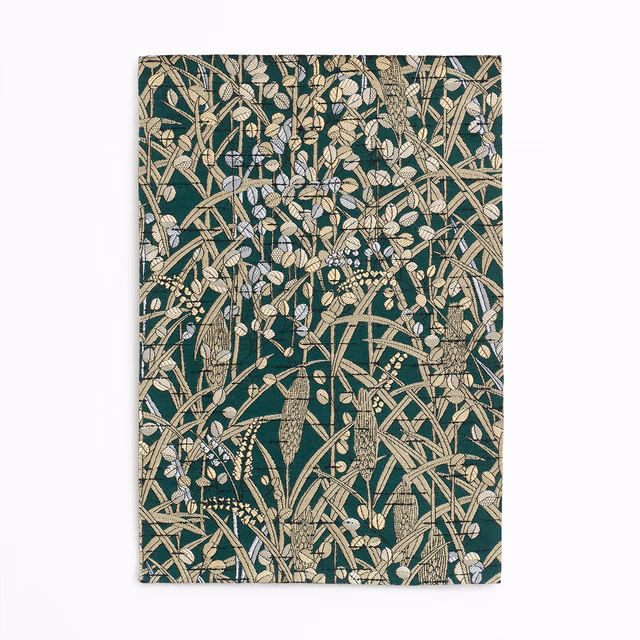 Deep teal textile with dense cream botanical stems, leaves and fine pale blossoms
