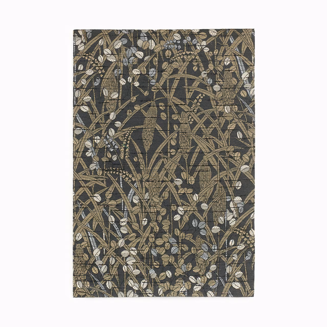 Charcoal-olive botanical textile with cream leaves, taupe stems and woven texture