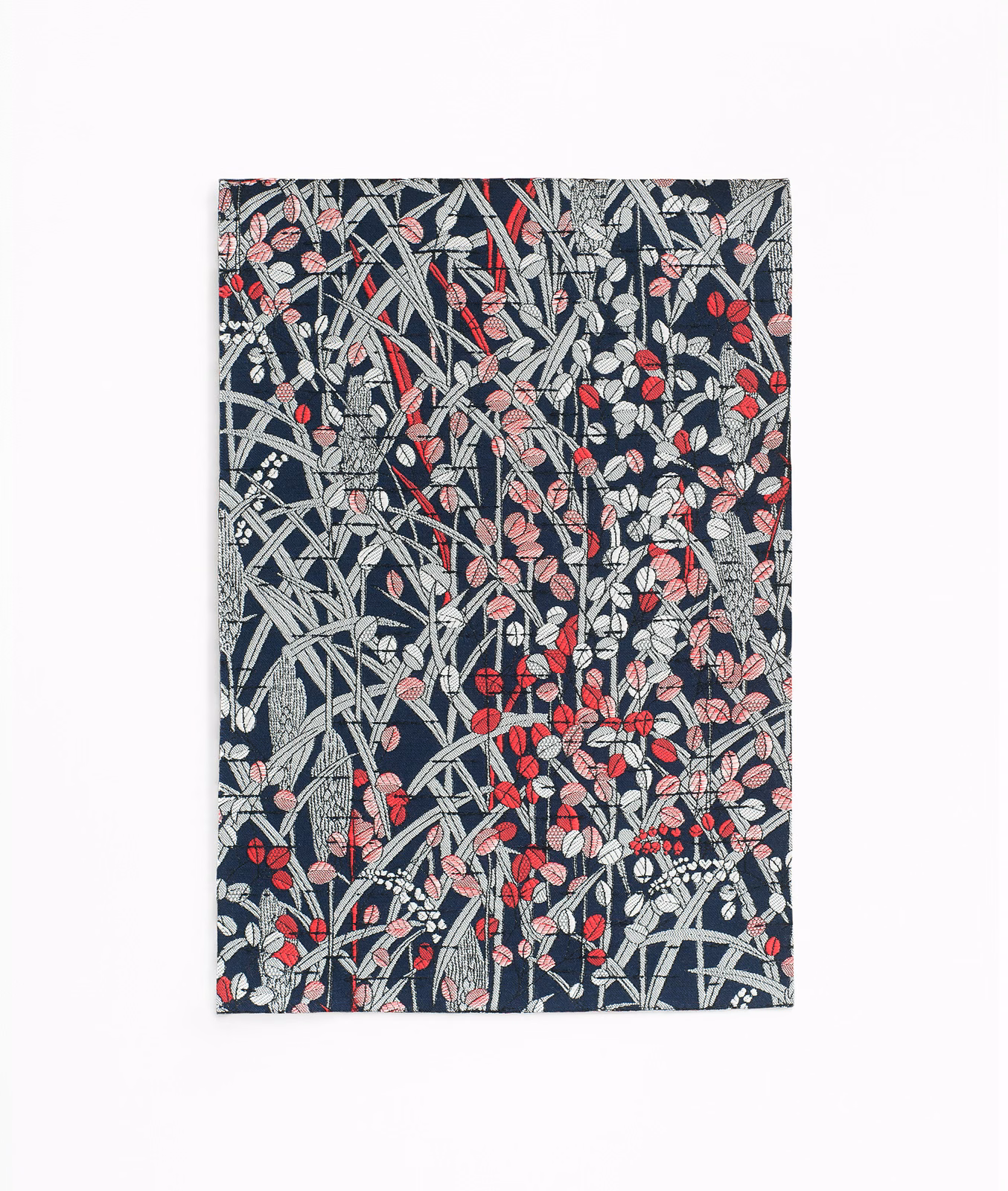 Deep blue botanical weave with blush, coral and ivory leaves