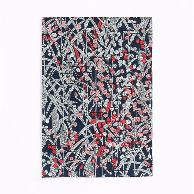 Deep blue botanical weave with blush, coral and ivory leaves