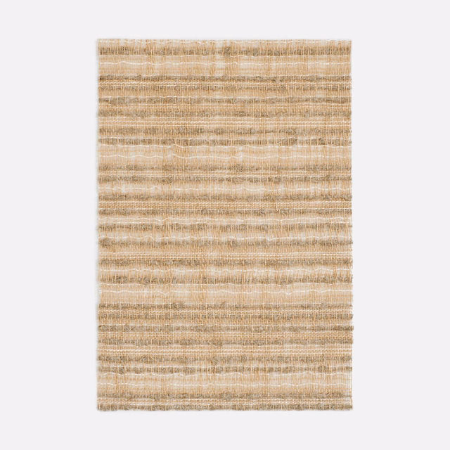 Warm paglia beige textile with irregular horizontal striations and a softly hairy weave
