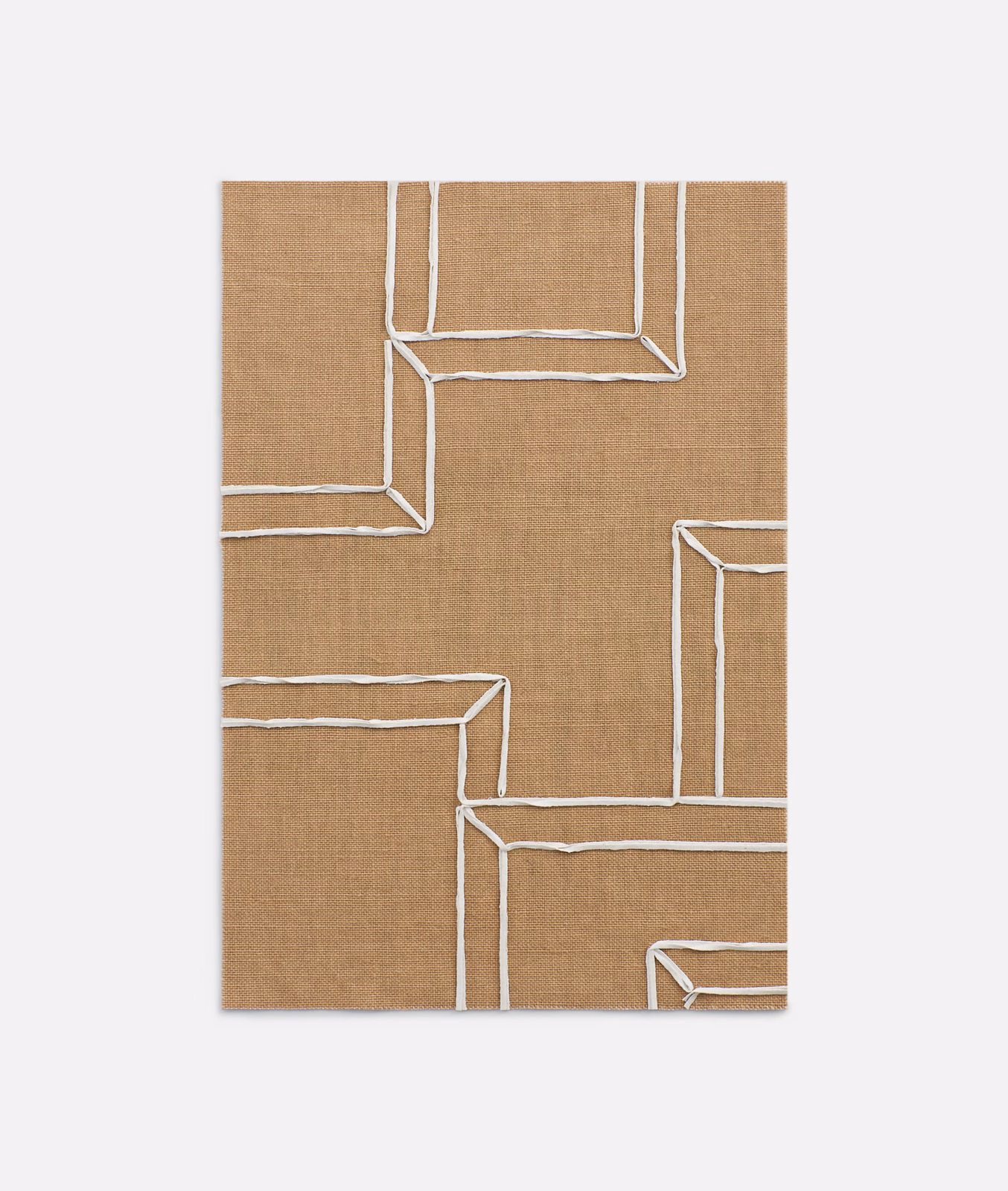 Warm camel woven curtain fabric with cream outlined geometric blocks