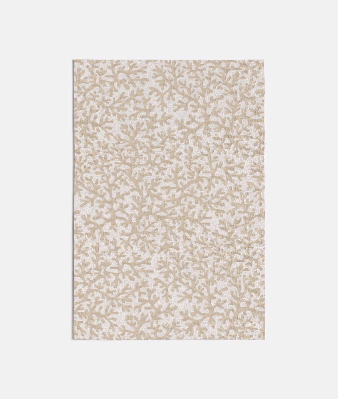 Warm beige fabric with a dense muted taupe branching botanical pattern