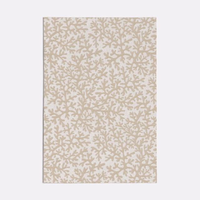 Warm beige fabric with a dense muted taupe branching botanical pattern