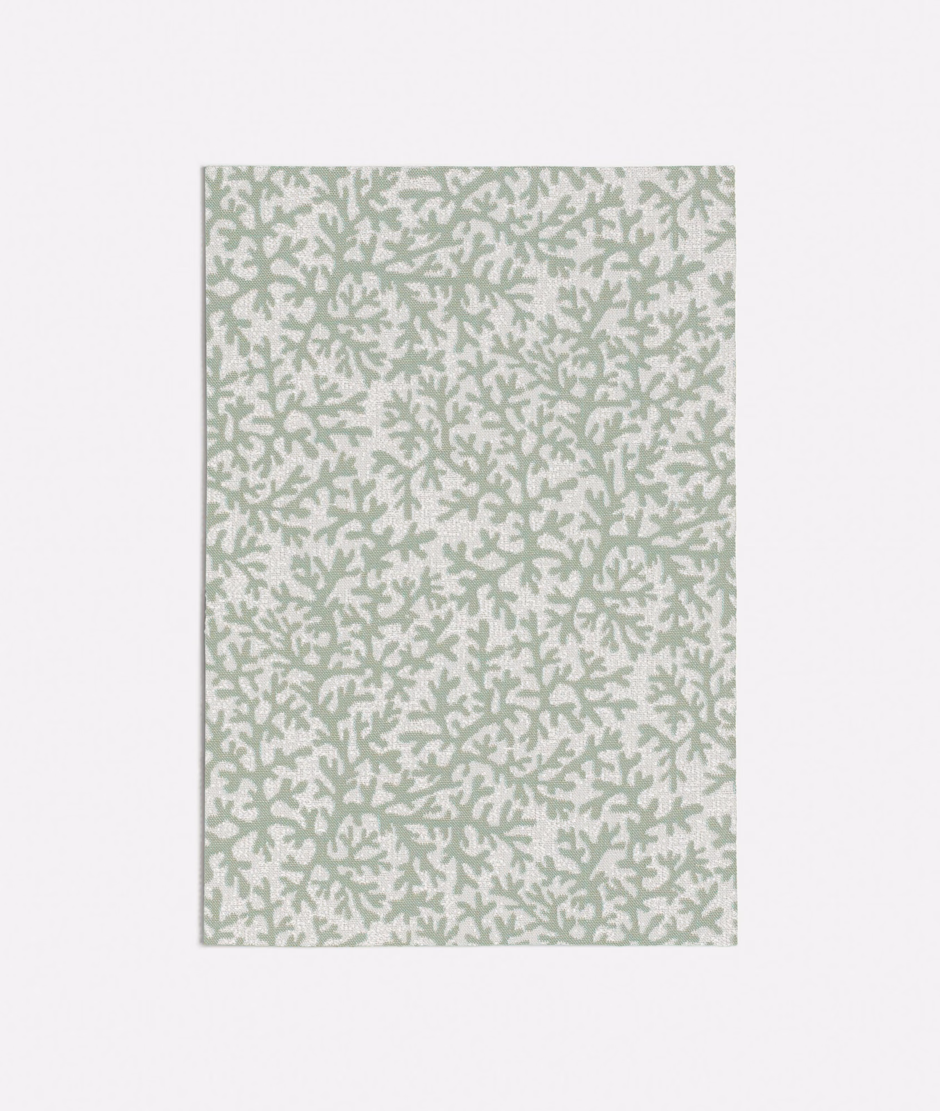 Pale sage textile with dense chalky branching coral-like motifs and soft woven texture