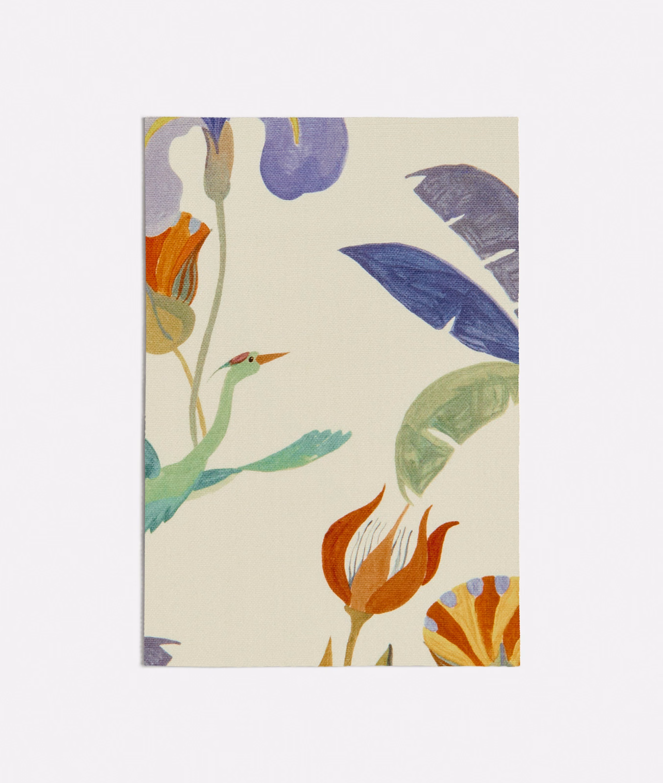 Cream fabric with seafoam foliage, purple leaves, orange flowers, and a small bird.