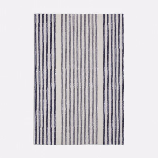 Avenue Blue swatch with narrow navy and pale grey vertical woven stripes