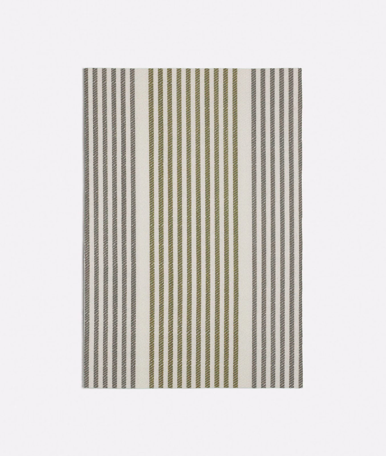 Muted olive, cream and taupe vertical stripes on a woven textile swatch