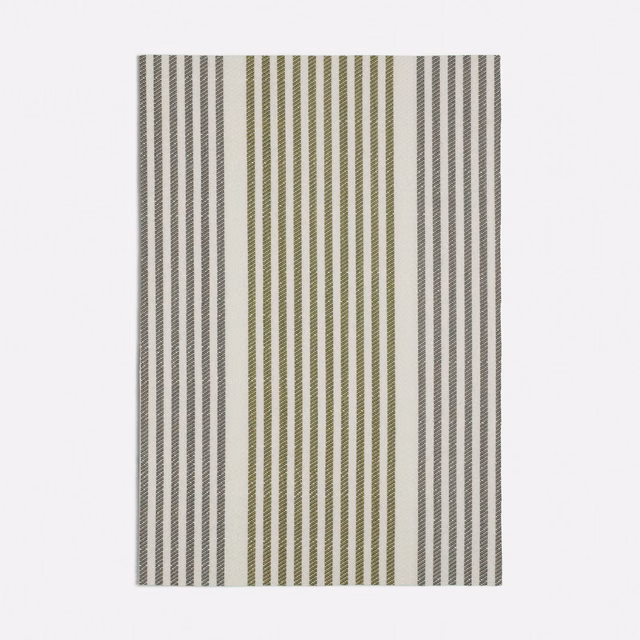 Muted olive, cream and taupe vertical stripes on a woven textile swatch