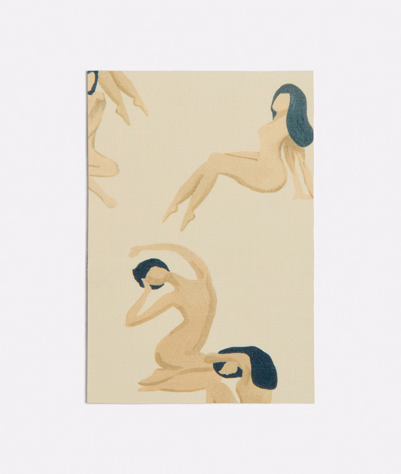 Warm beige ballet figures with dark teal hair on an ivory textile ground