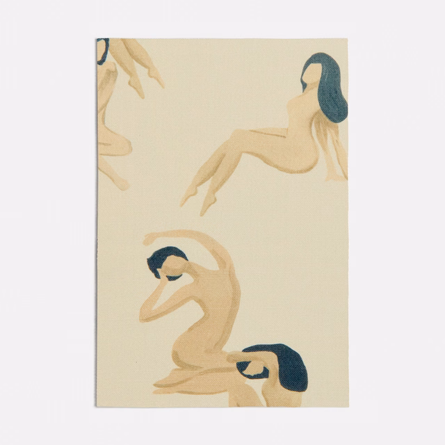 Warm beige ballet figures with dark teal hair on an ivory textile ground