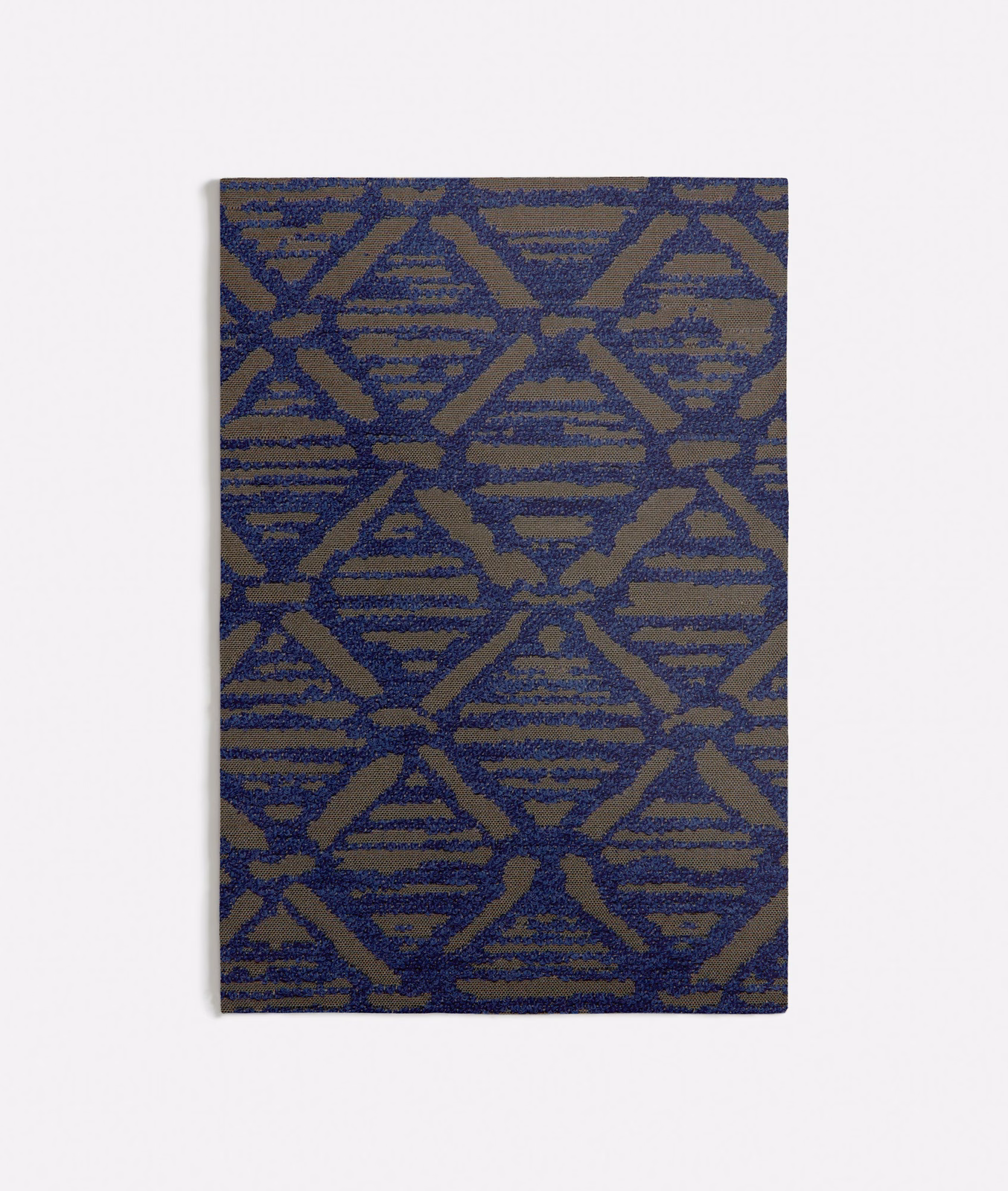 Olive woven textile with dark blue interlocking diamonds and horizontal stripe textures