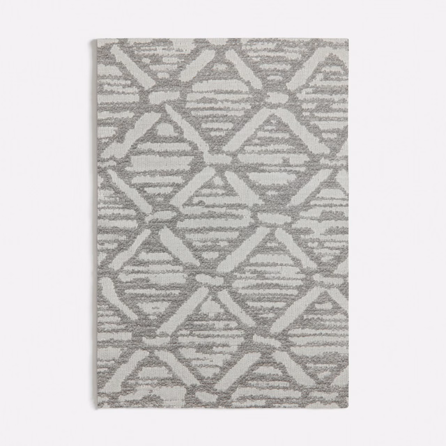 Cool grey woven swatch with interlocking triangles, diamonds and fine horizontal striations