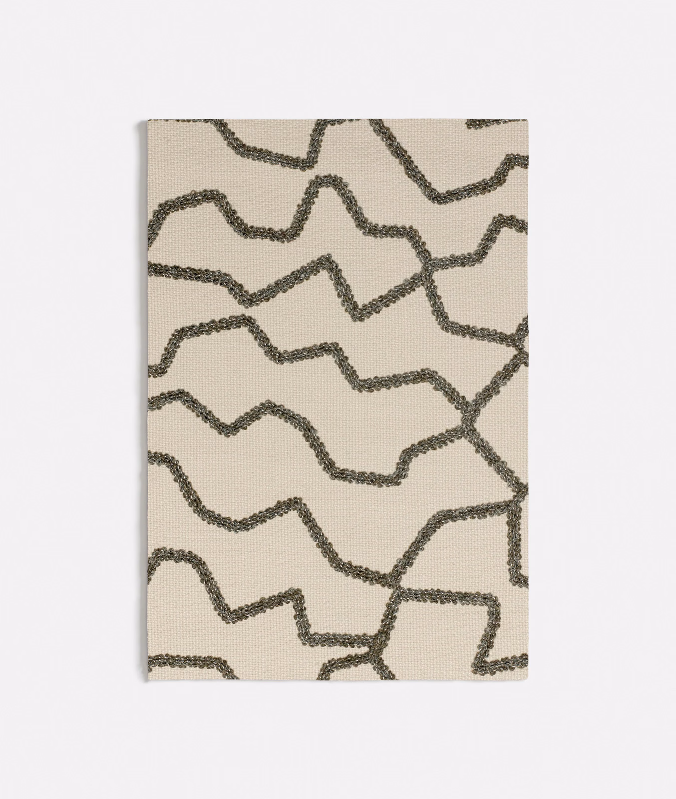 Ivory fabric swatch with irregular olive-green looping lines and a softly textured surface