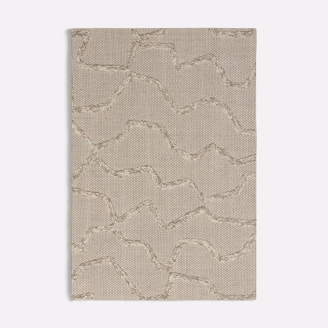 Warm stone-taupe woven swatch with irregular raised wave lines across the surface