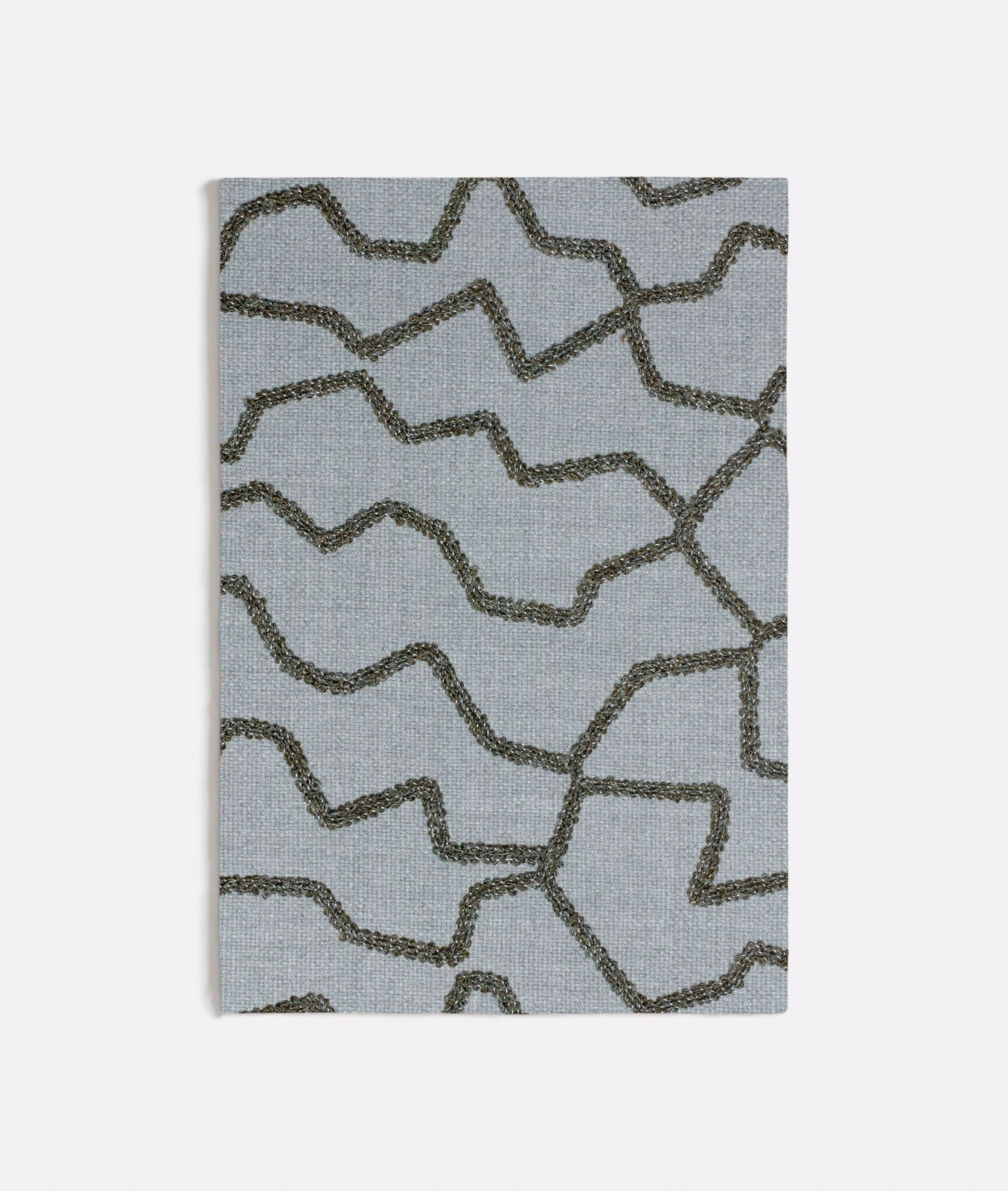 Seafoam woven ground with charcoal olive meandering lines in an irregular abstract pattern