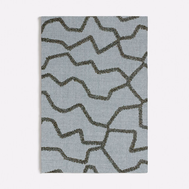 Seafoam woven ground with charcoal olive meandering lines in an irregular abstract pattern