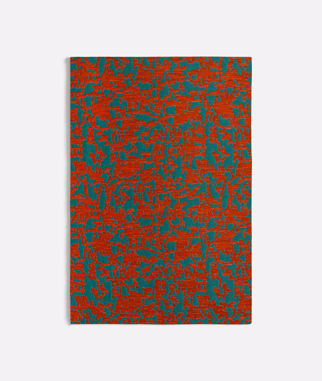 Orange-red and teal abstract botanical weave with a richly textured, irregular surface