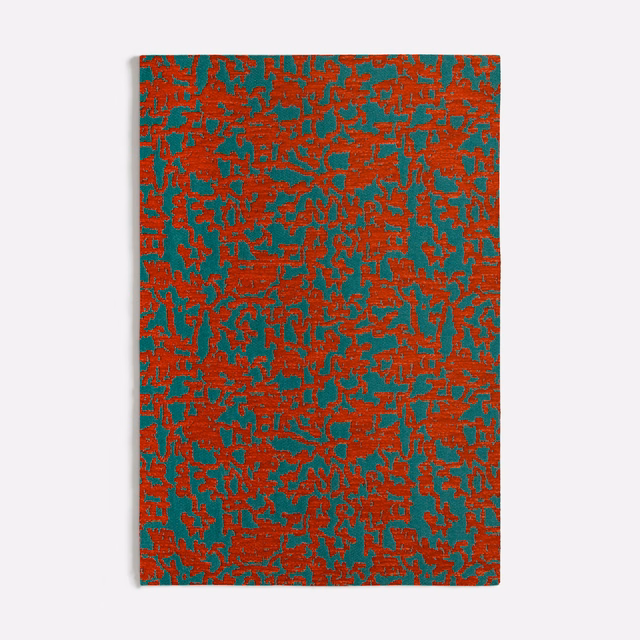 Orange-red and teal abstract botanical weave with a richly textured, irregular surface
