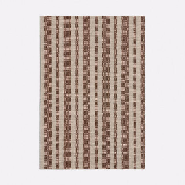 Cinnamon-brown and pale neutral vertical striped woven fabric swatch