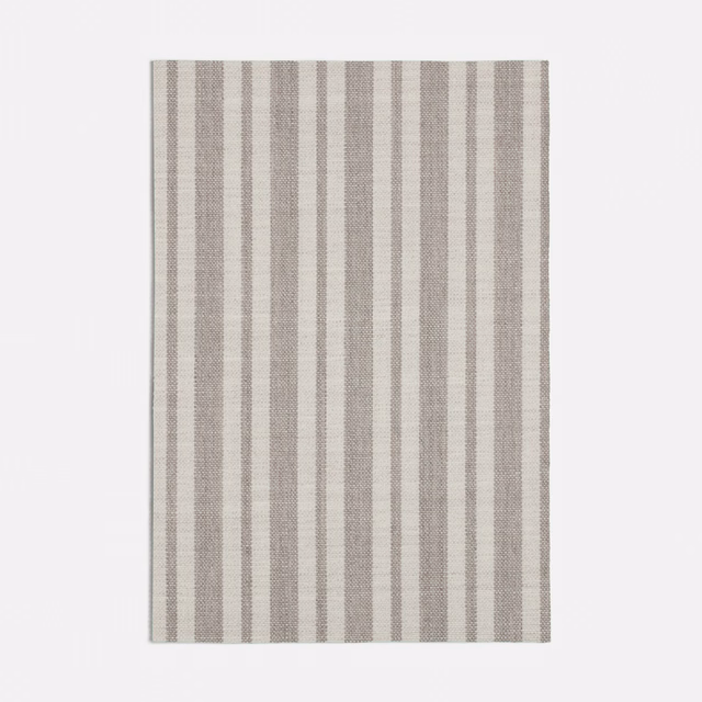 Calle Grey textile showing narrow vertical taupe-grey and ivory woven stripes