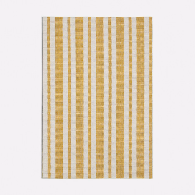Muted mustard and cream vertical striped fabric with a fine woven texture