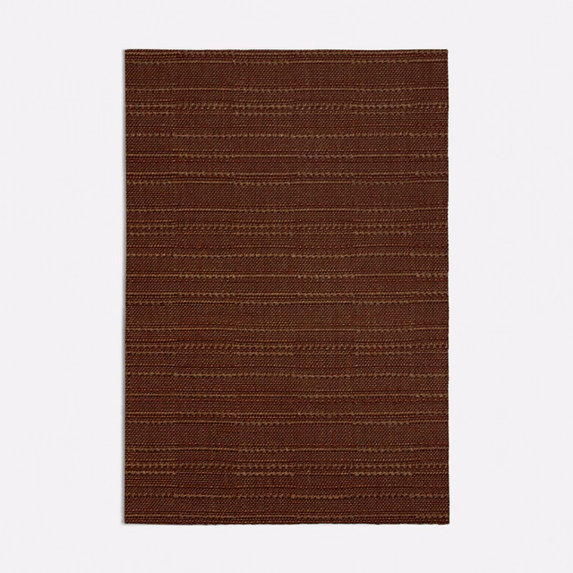 Deep terracotta-brown woven swatch with fine, irregular horizontal lines