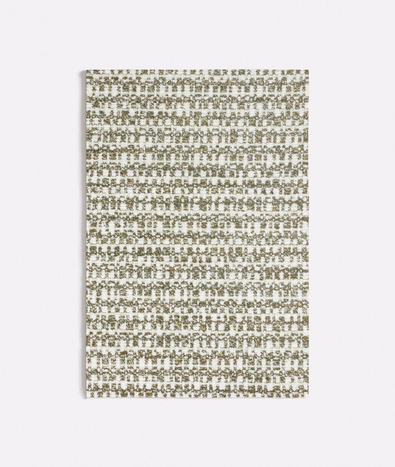 Muted olive-green and ivory woven swatch with small broken horizontal motifs