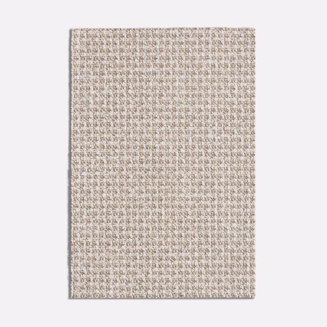 Warm beige woven swatch with cream and taupe flecks in a fine grid texture