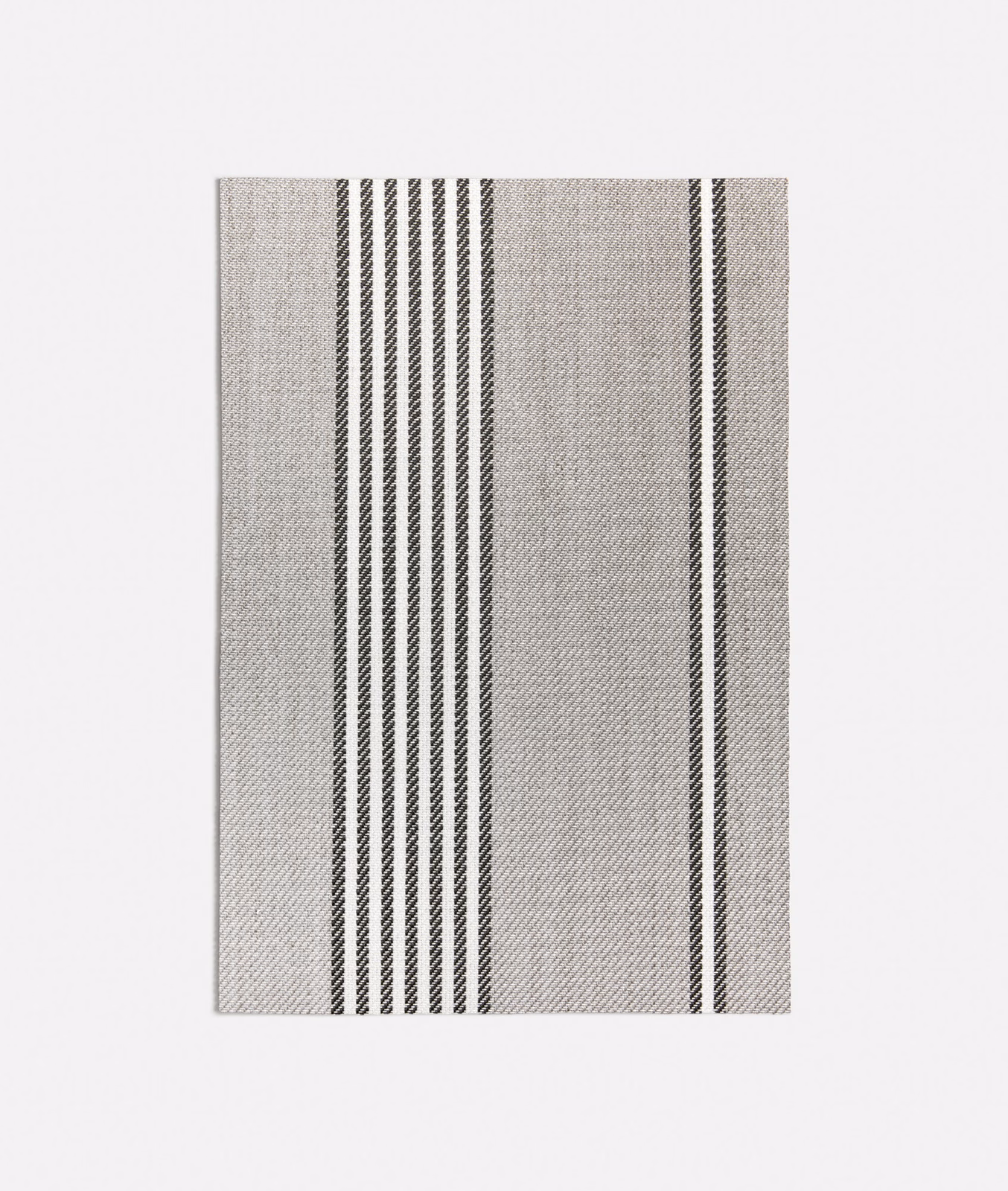Cool grey woven fabric with grouped charcoal vertical stripes and fine textured surface