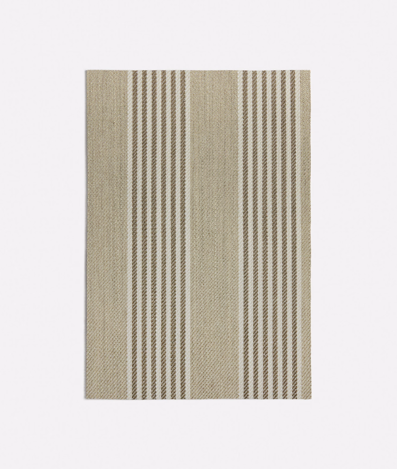 Warm taupe woven swatch with grouped narrow cream vertical stripes