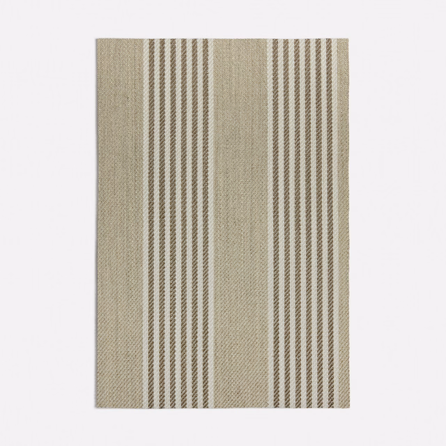 Warm taupe woven swatch with grouped narrow cream vertical stripes