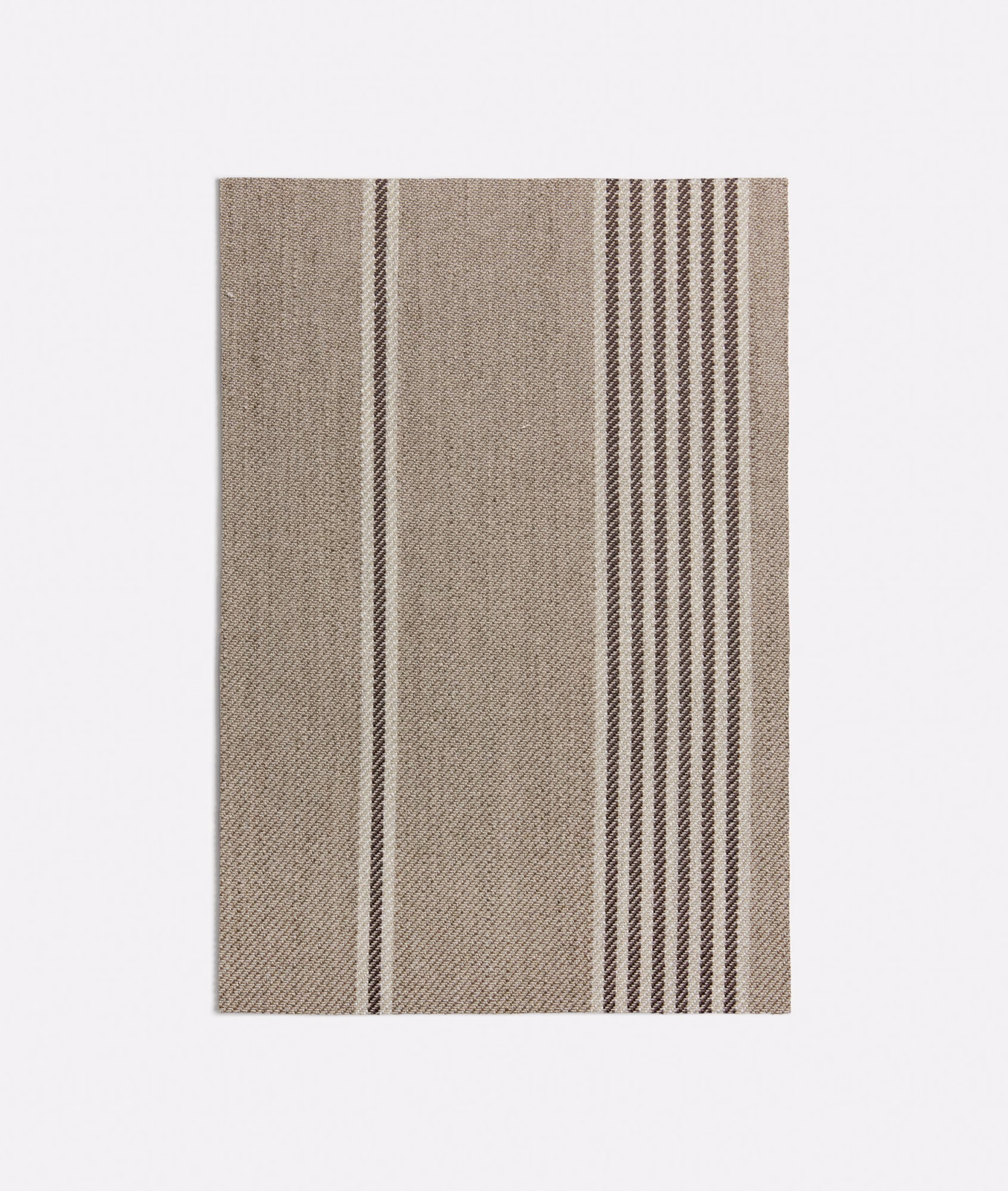 Warm taupe woven fabric with vertical brown stripe bands and fine textured surface