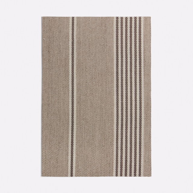 Warm taupe woven fabric with vertical brown stripe bands and fine textured surface