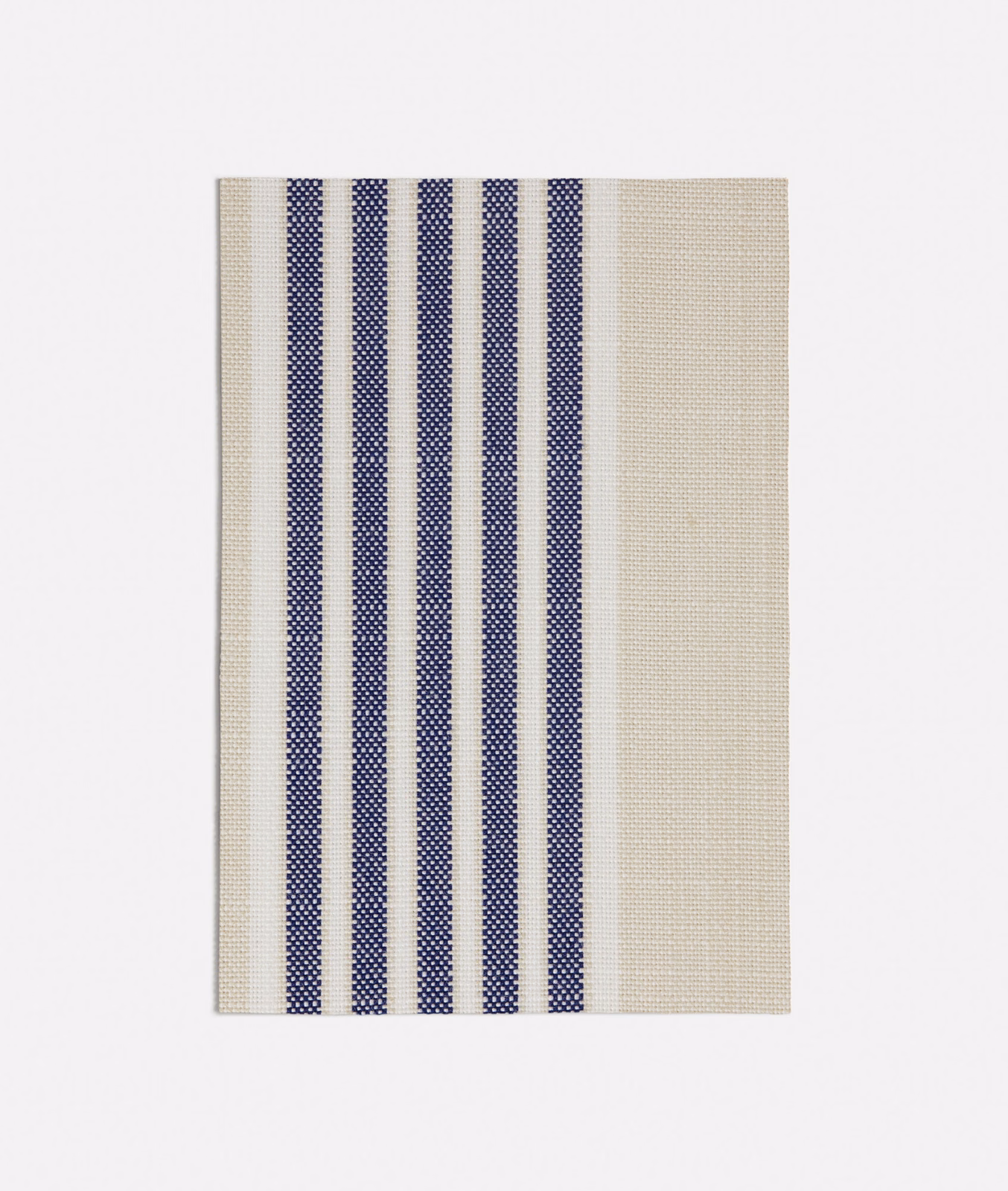 Pale ivory woven fabric with closely spaced vertical navy stripes