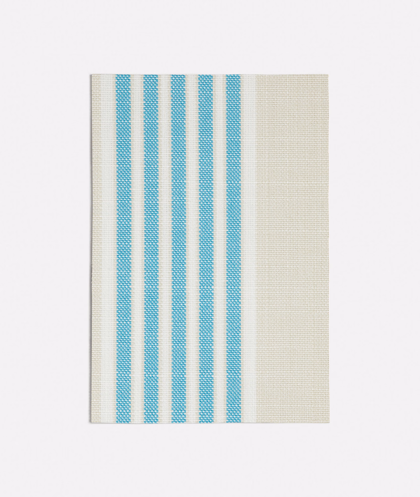 Ivory woven fabric with alternating turquoise vertical stripes and fine texture