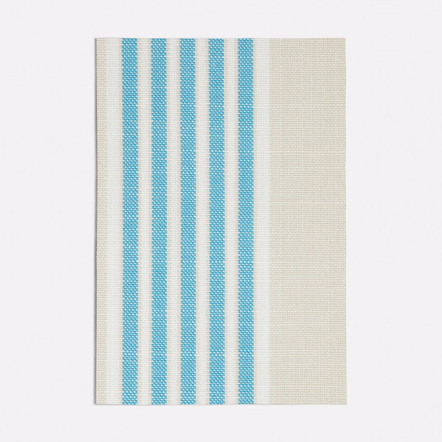 Ivory woven fabric with alternating turquoise vertical stripes and fine texture