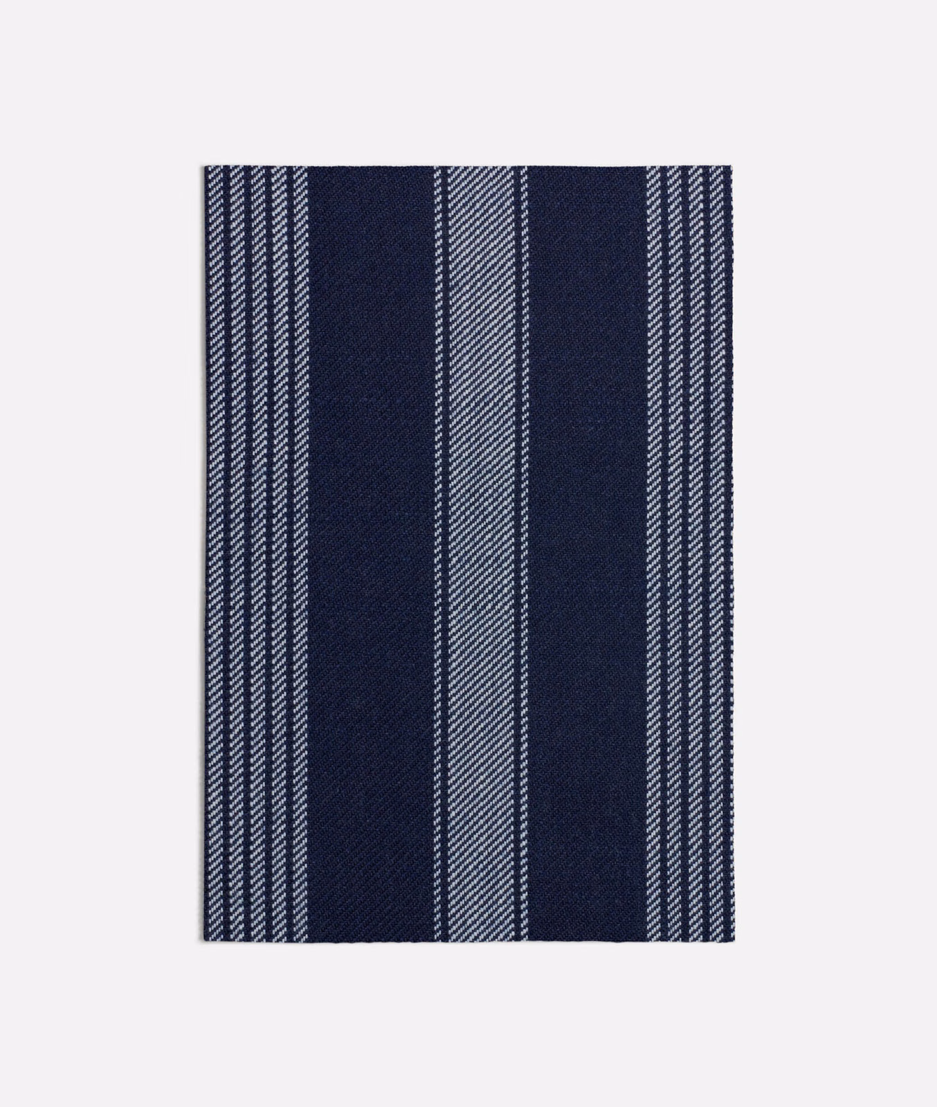 Deep ink-blue woven swatch with pale blue-grey vertical stripes and broad bands