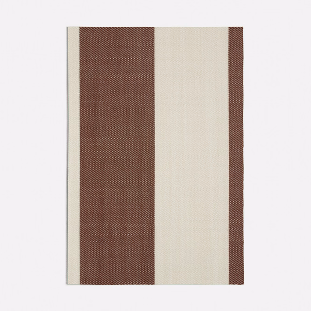 Terracotta and ivory vertical striped fabric with fine diagonal woven ribbing